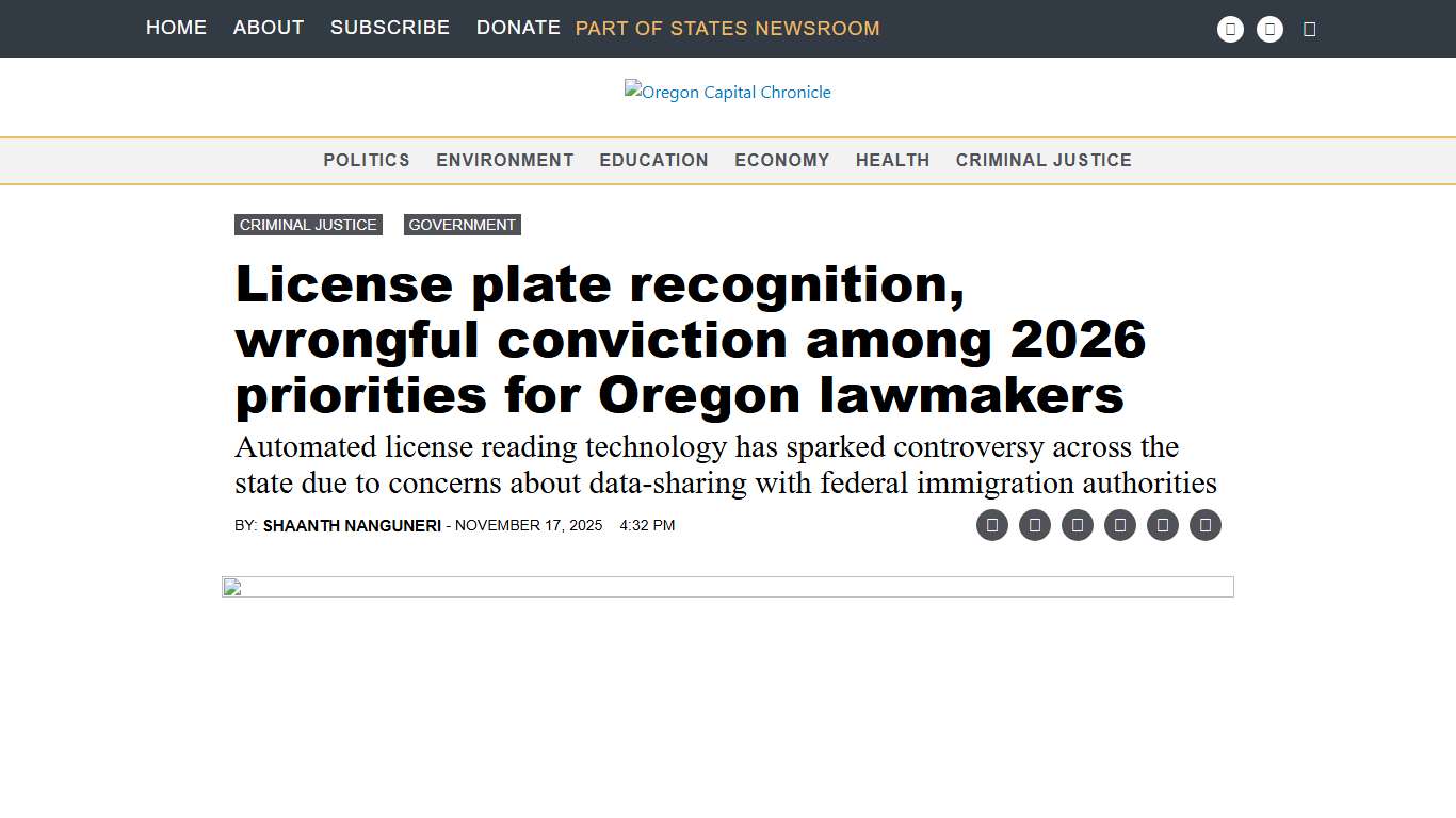 License plate recognition, wrongful conviction among 2026 priorities for Oregon lawmakers • Oregon Capital Chronicle