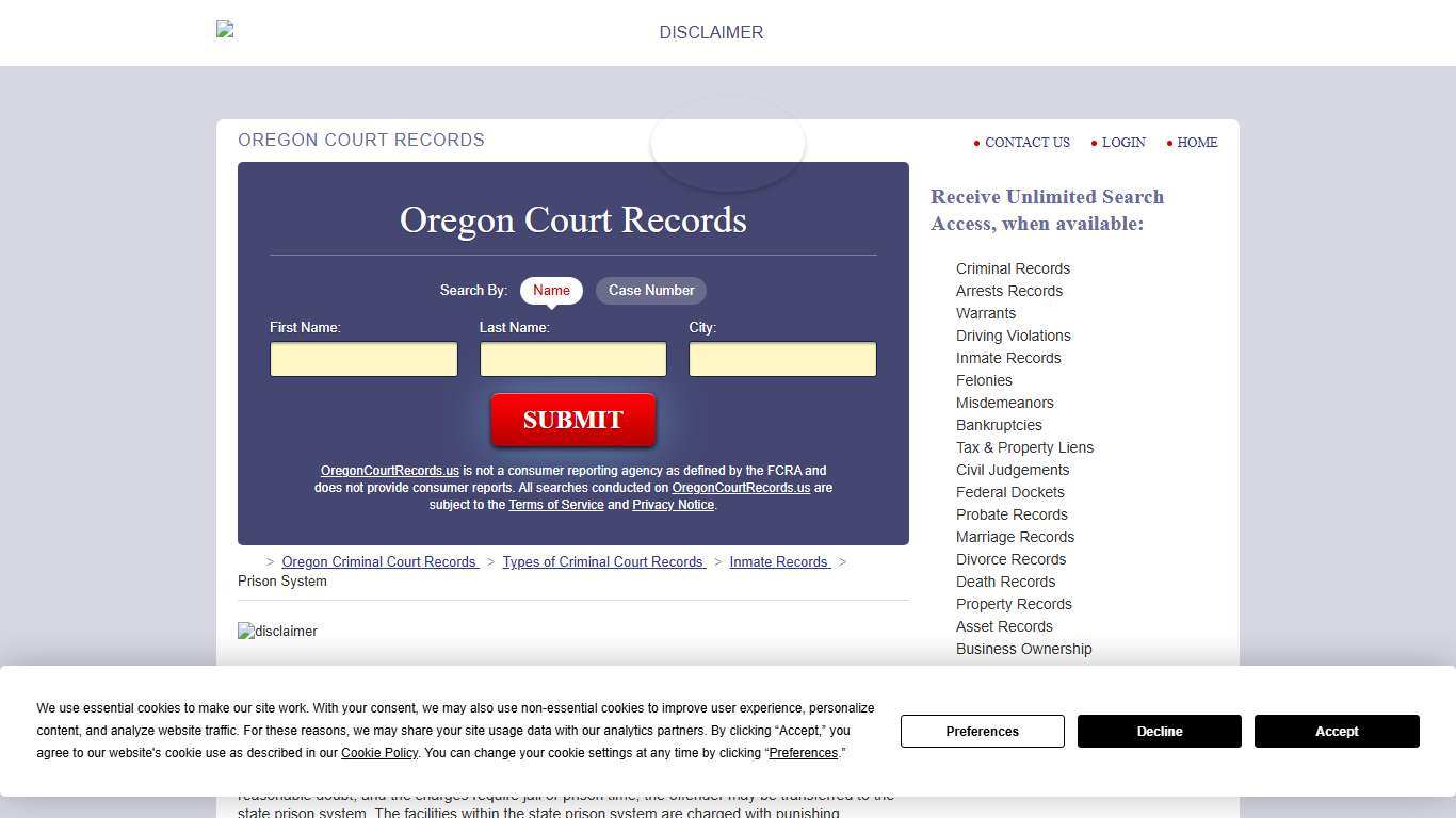 The Oregon State Prison System OregonCourtRecords.us